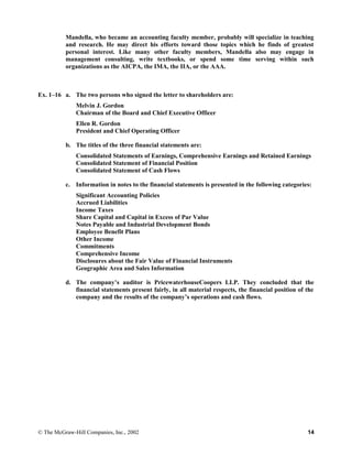 Mandella, who became an accounting faculty member, probably will specialize in teaching
and research. He may direct his efforts toward those topics which he finds of greatest
personal interest. Like many other faculty members, Mandella also may engage in
management consulting, write textbooks, or spend some time serving within such
organizations as the AICPA, the IMA, the IIA, or the AAA.
Ex. 1–16 a. The two persons who signed the letter to shareholders are:
Melvin J. Gordon
Chairman of the Board and Chief Executive Officer
Ellen R. Gordon
President and Chief Operating Officer
b. The titles of the three financial statements are:
Consolidated Statements of Earnings, Comprehensive Earnings and Retained Earnings
Consolidated Statement of Financial Position
Consolidated Statement of Cash Flows
c. Information in notes to the financial statements is presented in the following categories:
Significant Accounting Policies
Accrued Liabilities
Income Taxes
Share Capital and Capital in Excess of Par Value
Notes Payable and Industrial Development Bonds
Employee Benefit Plans
Other Income
Commitments
Comprehensive Income
Disclosures about the Fair Value of Financial Instruments
Geographic Area and Sales Information
d. The company’s auditor is PricewaterhouseCoopers LLP. They concluded that the
financial statements present fairly, in all material respects, the financial position of the
company and the results of the company’s operations and cash flows.
© The McGraw-Hill Companies, Inc., 2002 14
 