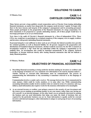 SOLUTIONS TO CASES
15 Minutes, Easy CASE 1–1
CHRYSLER CORPORATION
Many factors prevent a large publicly owned corporation such as Chrysler from issuing misleading
financial statements, no matter how desperately the company needs investors’ capital. To begin with,
there is the basic honesty and integrity of the company’s management and its accounting personnel.
Many people participate in the preparation of the financial statements of a large corporation. For
these statements to be prepared in a grossly misleading manner, all of these people would have to
knowingly participate in an act of criminal fraud.
Next, there is the audit of Chrysler’s financial statements by a firm of independent CPAs. These
CPAs, too, would have to participate in a criminal conspiracy if the company were to supply creditors
and investors with grossly misleading financial statements.
If personal integrity is not sufficient to deter such an act of fraud, the federal securities laws provide
for criminal penalties as well as financial liability for all persons engaged in the preparation and
distribution of fraudulent financial statements. All that would be necessary for the SEC to launch an
investigation would be a “tip” from but one individual within the company’s organization or its
auditing firm. An investigation also would be launched automatically if the company declared
bankruptcy or became insolvent shortly after issuing financial statements that did not indicate a
shaky financial position.
15 Minutes, Medium CASE 1–2
OBJECTIVES OF FINANCIAL ACCOUNTING
a. Describing financial accounting as being useful for decision making by investors or creditors and
as the language of business are very consistent. For information to be used by decision makers—
whether internal or external—that information must be communicated. The process of
communicating the information is why accounting is sometimes referred to as the language of
business.
Communication involves a sender and a receiver. The message between the two is communicated in
some manner, which could be words, numbers, or in some other way. While communicating
accounting information usually involves numbers that are stated in terms of a monetary unit (e.g.,
dollars), much information also requires words for the monetary information to be meaningful.
b. As an external investor or creditor, your primary concern is the security of your investment and
the return you are making on permitting another to use your money rather than your having use
of it yourself. As an internal manager, on the other hand, you are primarily interested in running
the business and you need information that helps you make the kinds of decisions that are
required by the particular business you are in. Some information is equally useful for external
investors and internal managers; other information is unique to each group of users of accounting
information.
© The McGraw-Hill Companies, Inc., 2002 15
 