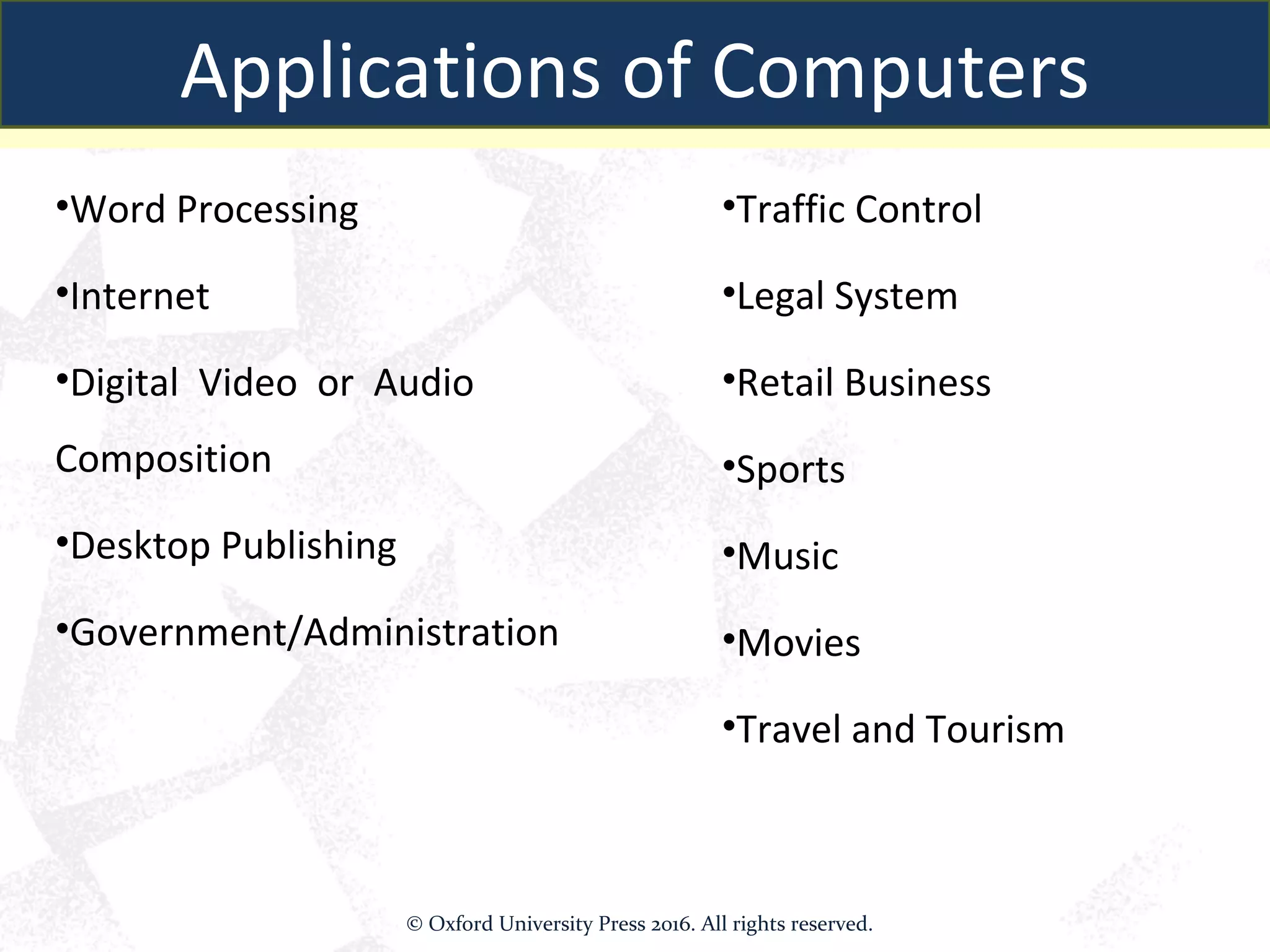 •Word Processing
•Internet
•Digital Video or Audio
Composition
•Desktop Publishing
•Government/Administration
Applications of Computers
•Traffic Control
•Legal System
•Retail Business
•Sports
•Music
•Movies
•Travel and Tourism
© Oxford University Press 2016. All rights reserved.
 