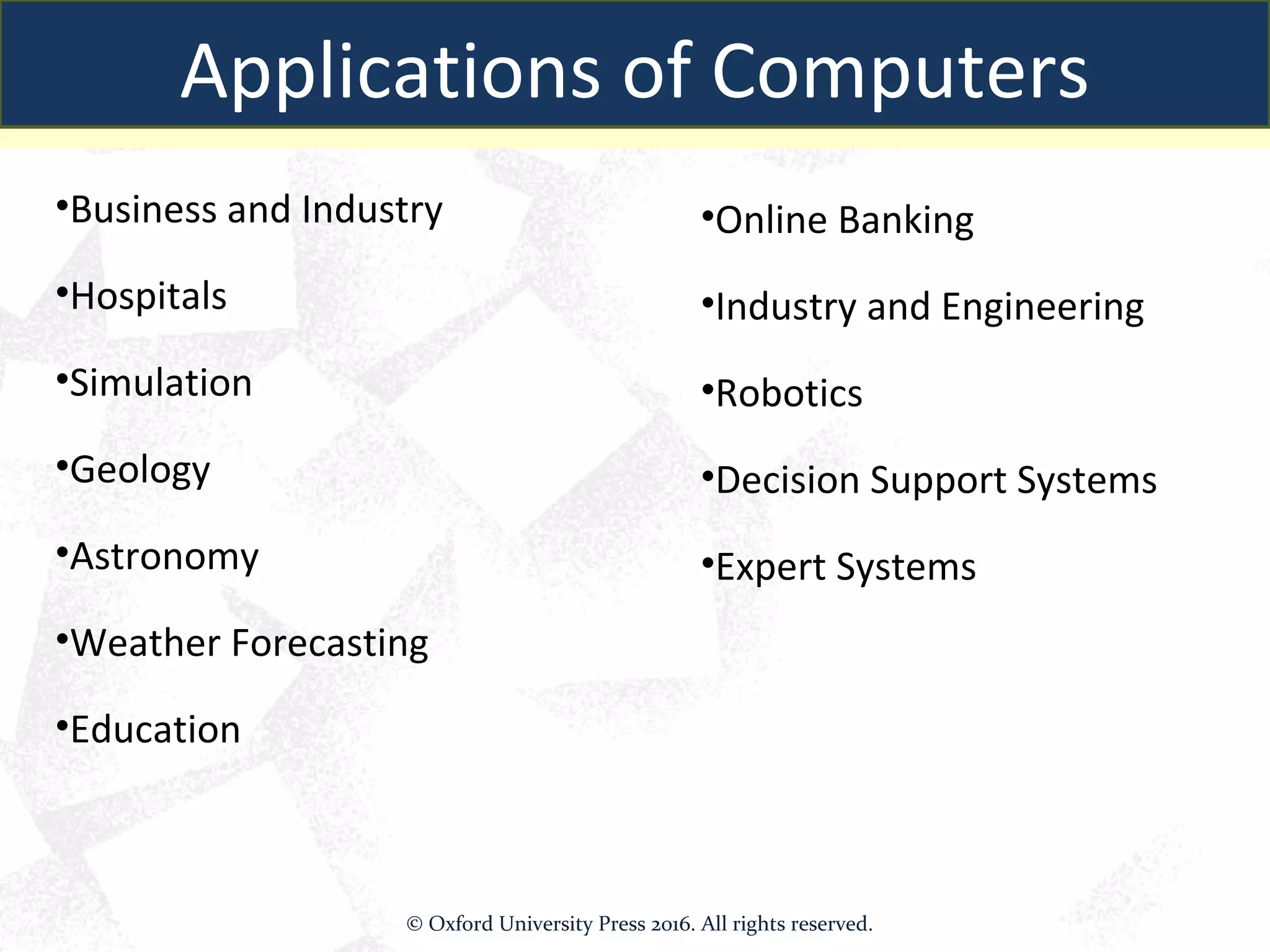 •Business and Industry
•Hospitals
•Simulation
•Geology
•Astronomy
•Weather Forecasting
•Education
•Online Banking
•Industry and Engineering
•Robotics
•Decision Support Systems
•Expert Systems
Applications of Computers
© Oxford University Press 2016. All rights reserved.
 