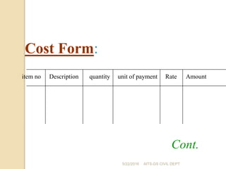 Cont.
item no Description quantity unit of payment Rate Amount
Cost Form:
5/22/2016 AITS-DS CIVIL DEPT
 