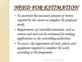 NEED FOR ESTIMATION
 To ascertain the necessary amount of money
required by the owner to complete the proposed
work.
 Requirements of controlled materials, such as
cement and steel can be estimated for making
applications to the controlling authorities.
 To assess the requirement of tools, plants and
equipment required to complete the work
according to the programme
5/22/2016 AITS-DS CIVIL DEPT
 