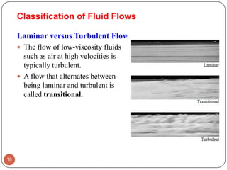 Classification of Fluid Flows
Laminar versus Turbulent Flow
 The flow of low-viscosity fluids
such as air at high velocities is
typically turbulent.
 A flow that alternates between
being laminar and turbulent is
called transitional.
16
 