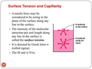Surface Tension and Capillarity
 A tensile force may be
considered to be acting in the
plane of the surface along any
line in the surface.
 The intensity of the molecular
attraction per unit length along
any line in the surface is
called the surface tension.
 It is denoted by Greek letter σ
(called sigma).
 The SI unit is N/m.
50
 