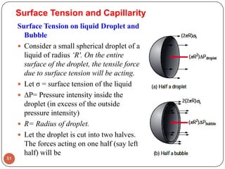 Surface Tension and Capillarity
Surface Tension on liquid Droplet and
Bubble
 Consider a small spherical droplet of a
liquid of radius ‘R'. On the entire
surface of the droplet, the tensile force
due to surface tension will be acting.
 Let σ = surface tension of the liquid
 P= Pressure intensity inside the
droplet (in excess of the outside
pressure intensity)
 R= Radius of droplet.
 Let the droplet is cut into two halves.
The forces acting on one half (say left
half) will be
51
 