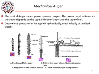 16
Mechanical Auger
 Mechanical Auger means power operated augers. The power required to rotate
the auger depends on the type and size of auger and the type of soil.
 Downwards pressure can be applied hydraulically, mechanically or by dead
weight
a
a
b
c d
a. Continuous Flight Auger b. Hallow-stem auger plugged during advancing
bore
c. Plug removed and sampler inserted d. Truck mounted auger boring machine
 