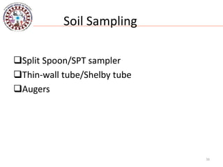 30
Soil Sampling
Split Spoon/SPT sampler
Thin-wall tube/Shelby tube
Augers
 