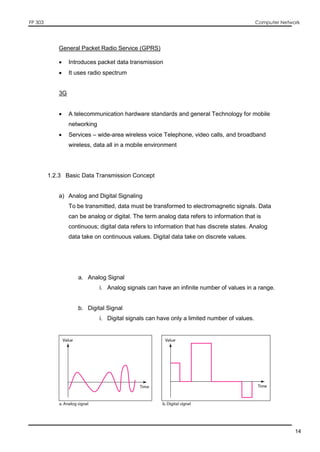 FP 303 Computer Network
14
General Packet Radio Service (GPRS)
 Introduces packet data transmission
 It uses radio spectrum
3G
 A telecommunication hardware standards and general Technology for mobile
networking
 Services – wide-area wireless voice Telephone, video calls, and broadband
wireless, data all in a mobile environment
1.2.3 Basic Data Transmission Concept
a) Analog and Digital Signaling
To be transmitted, data must be transformed to electromagnetic signals. Data
can be analog or digital. The term analog data refers to information that is
continuous; digital data refers to information that has discrete states. Analog
data take on continuous values. Digital data take on discrete values.
a. Analog Signal
i. Analog signals can have an infinite number of values in a range.
b. Digital Signal
i. Digital signals can have only a limited number of values.
 