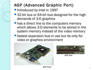 AGP (Advanced Graphic Port)
Introduced by Intel in 1997
32-bit bus or 64-bit bus designed for the high
demands of 3-D graphics
has a direct line to the computers memory
which allows 3-D elements to be stored in the
system memory instead of the video memory
fastest expansion bus in use but its only for
video or graphics environment
AGP Card
AGP Slot
30
 