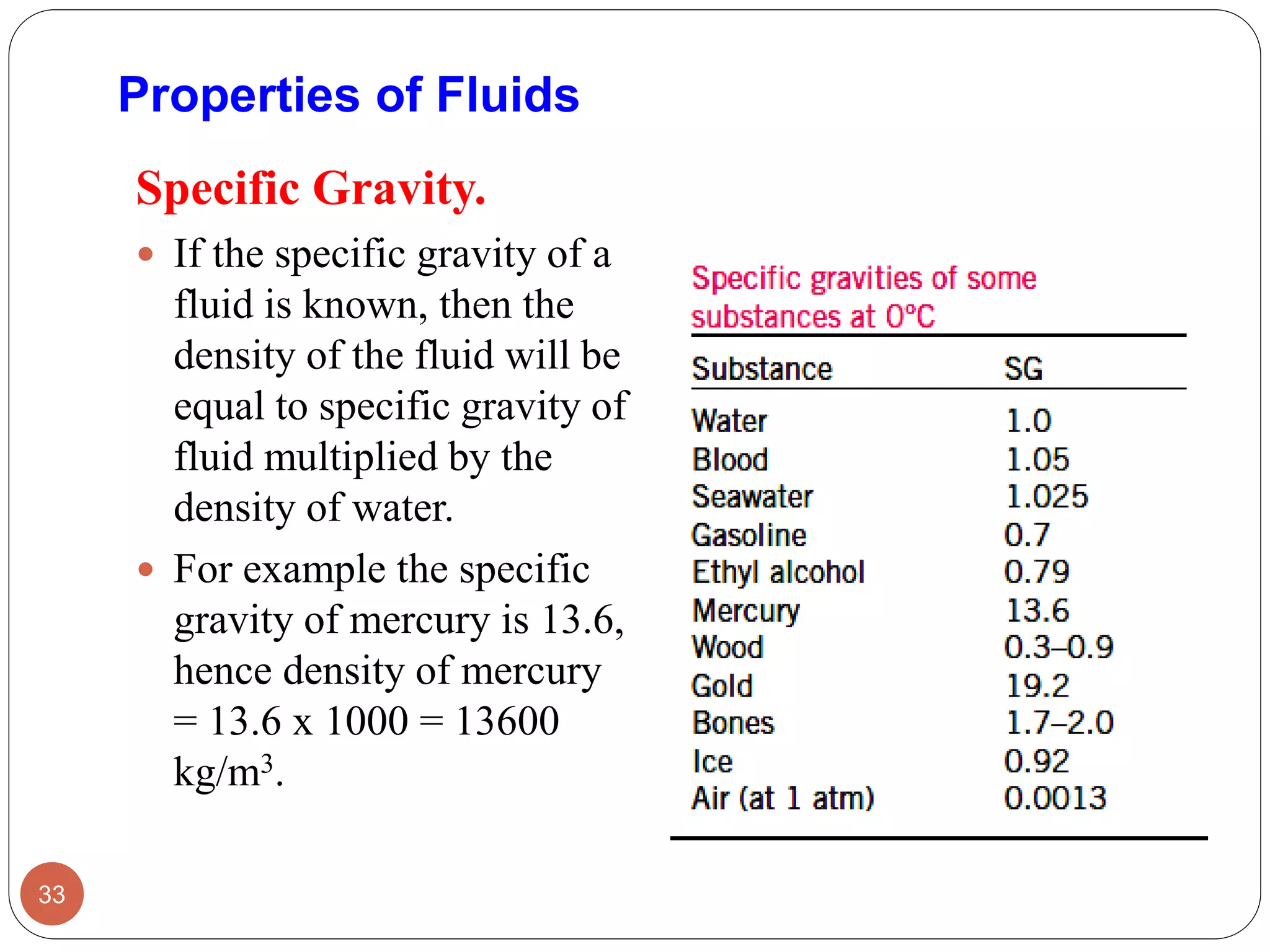 Properties of Fluids
Specific Gravity.
 If the specific gravity of a
fluid is known, then the
density of the fluid will be
equal to specific gravity of
fluid multiplied by the
density of water.
 For example the specific
gravity of mercury is 13.6,
hence density of mercury
= 13.6 x 1000 = 13600
kg/m3.
33
 