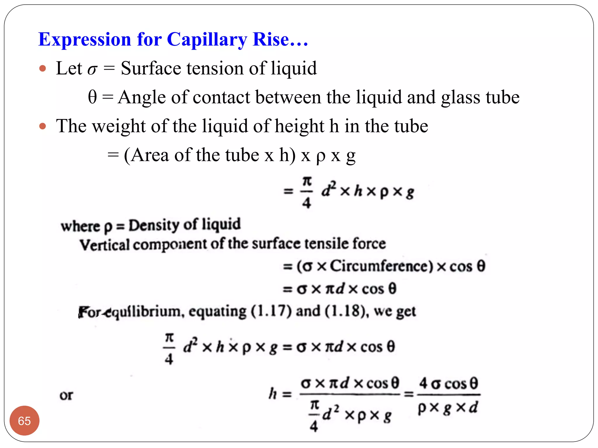 Expression for Capillary Rise…
 Let σ = Surface tension of liquid
θ = Angle of contact between the liquid and glass tube
 The weight of the liquid of height h in the tube
= (Area of the tube x h) x ρ x g
65
 