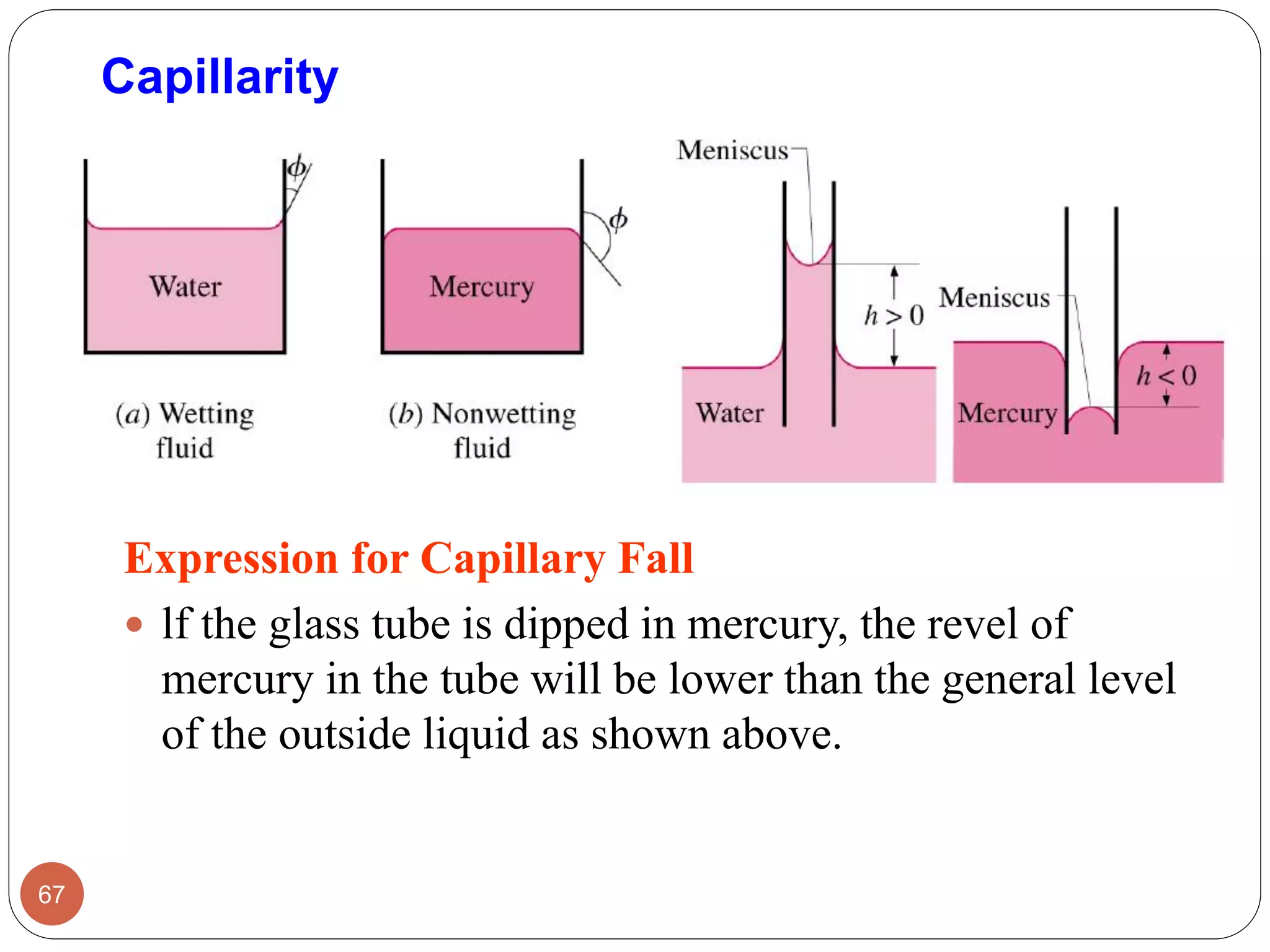 Capillarity
Expression for Capillary Fall
 lf the glass tube is dipped in mercury, the revel of
mercury in the tube will be lower than the general level
of the outside liquid as shown above.
67
 