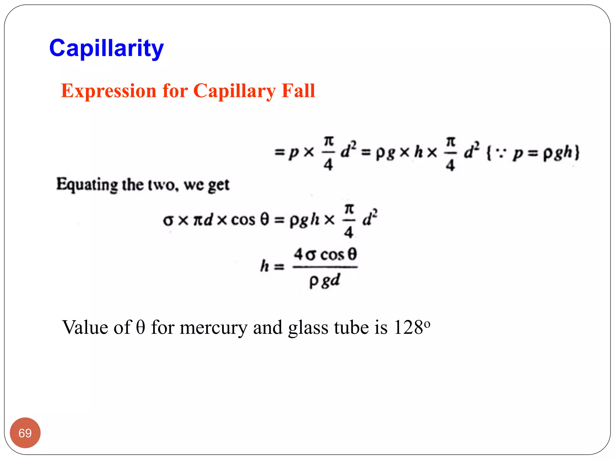 69
Expression for Capillary Fall
Capillarity
Value of θ for mercury and glass tube is 128o
 