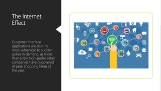 The Internet
Effect
Customer interface
applications are also the
most vulnerable to sudden
spikes in demand, as more
than a few high-profile retail
companies have discovered
at peak shopping times of
the year.
 