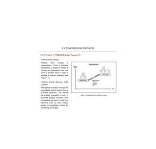 1.2 Foundational Elements
Projects Drive Change
Projects drive change in
organizations. From a business
perspective, a project is aimed at
moving an organization from one
state to another state in order to
achieve a specific objective (see
Figure 1-1).
Projects Enable Business Value
Creation
PMI defines business value as the
quantifiable benefit derived from a
business endeavor. The benefit
be tangible, intangible, or both. In
business analysis, business value
considered the return, in the form
elements such as time, money,
goods, or intangibles in return for
something exchanged.
1.2.1 Project | PMBOK® Guide Pages 4-9
 
