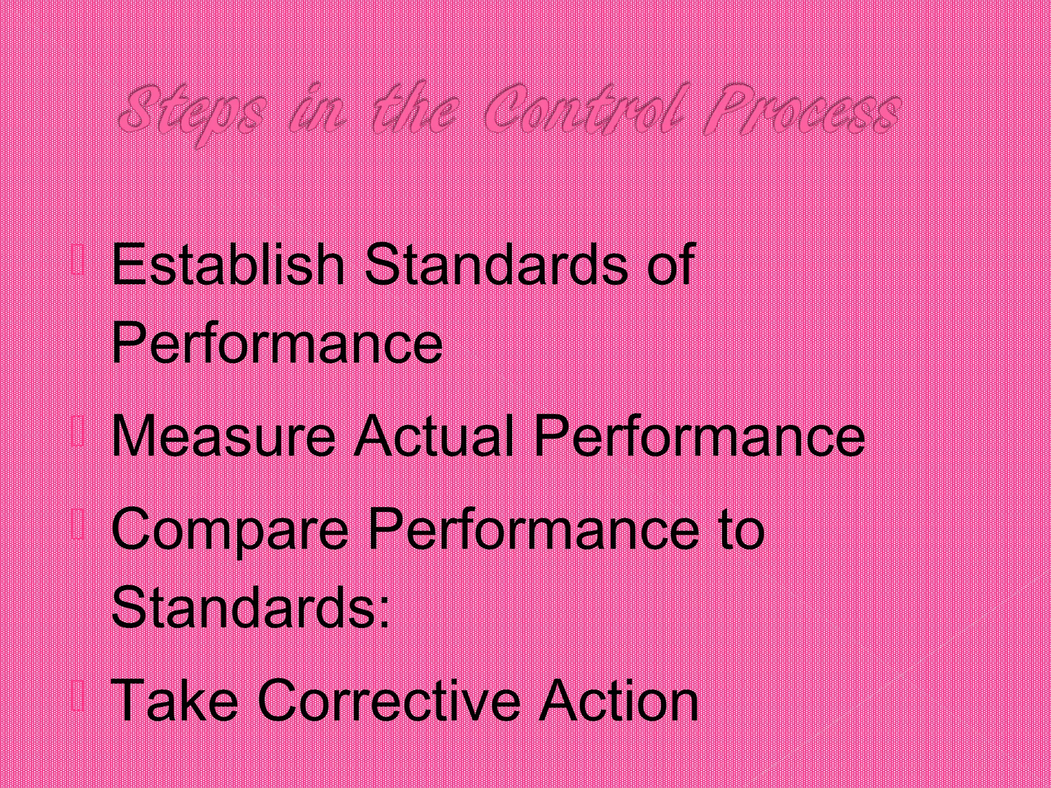  Establish Standards of
Performance
 Measure Actual Performance
 Compare Performance to
Standards:
 Take Corrective Action
 