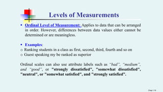 Levels of Measurements
 Ordinal Level of Measurement: Applies to data that can be arranged
in order. However, differences between data values either cannot be
determined or are meaningless.
 Examples:
o Ranking students in a class as first, second, third, fourth and so on
o Guest speaking my be ranked as superior
Ordinal scales can also use attribute labels such as “bad”, “medium”,
and “good”, or "strongly dissatisfied", "somewhat dissatisfied",
"neutral", or "somewhat satisfied", and "strongly satisfied”.
Chap 1-19
 