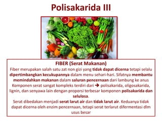 Polisakarida III
FIBER (Serat Makanan)
Fiber merupakan salah satu zat non gizi yang tidak dapat dicerna tetapi selalu
dipertimbangkan kecukupannya dalam menu sehari-hari. Sifatnya membantu
memindahkan makanan dalam saluran pencernaan dari lambung ke anus
Komponen serat sangat kompleks terdiri dari  polisakarida, oligosakarida,
lignin, dan senyawa lain dengan proporsi terbesar komponen polisakarida dan
selulosa.
Serat dibedakan menjadi serat larut air dan tidak larut air. Keduanya tidak
dapat dicerna oleh enzim pencernaan, tetapi serat terlarut difermentasi dlm
usus besar
 
