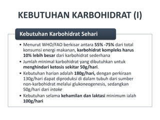 KEBUTUHAN KARBOHIDRAT (I)
• Menurut WHO/FAO berkisar antara 55% -75% dari total
konsumsi energi makanan, karbohidrat kompleks harus
10% lebih besar dari karbohidrat sederhana
• Jumlah minimal karbohidrat yang dibutuhkan untuk
menghindari ketosis sekitar 50g/hari.
• Kebutuhan harian adalah 180g/hari, dengan perkiraan
130g/hari dapat diproduksi di dalam tubuh dari sumber
non-karbohidrat melalui glukoneogenesis, sedangkan
50g/hari dari intake
• Kebutuhan selama kehamilan dan laktasi minimum ialah
100g/hari
Kebutuhan Karbohidrat Sehari
 