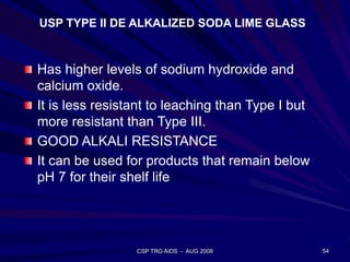 CSP TRG AIDS - AUG 2008 54
USP TYPE II DE ALKALIZED SODA LIME GLASS
Has higher levels of sodium hydroxide and
calcium oxide.
It is less resistant to leaching than Type I but
more resistant than Type III.
GOOD ALKALI RESISTANCE
It can be used for products that remain below
pH 7 for their shelf life
 