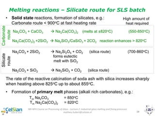 IMI-NFG Course on Processing of Glass - Lecture 2: Industrial glass melting and fining processes
mathieu.hubert@celsian.nl 19
• Solid state reactions, formation of silicates, e.g.:
Carbonate route < 900oC at fast heating rate
Na2CO3 + CaCO3  Na2Ca(CO3)2 (melts at ±820oC) (550-850oC)
Na2Ca(CO3)2 +2SiO2  Na2SiO3/CaSiO3 + 2CO2 reaction enhances > 820oC
Na2CO3 + 2SiO2  Na2Si2O5 + CO2 (silica route) (700-860oC)
forms eutectic
melt with SiO2
Na2CO3 + SiO2  Na2SiO3 + CO2 (silica route)
The rate of the reactive calcination of soda ash with silica increases sharply
when heating above 825oC up to about 855oC.
• Formation of primary melt phases (alkali rich carbonates), e.g.:
Tm Na2CO3 = 850oC
Tm Na2Ca(CO3)2 = 820oC
High amount of
heat required
Carbonate
route
Silicate
routeMelting reactions – Silicate route for SLS batch
 