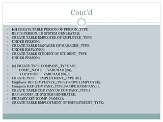 Cont’d
 (d) CREATE TABLE PERSON OF PERSON_TYPE
 REF IS PERSON_ID SYSTEM GENERATED;
 CREATE TABLE EMPLOYEE OF EMPLOYEE_TYPE
 UNDER PERSON;
 CREATE TABLE MANAGER OF MANAGER_TYPE
 UNDER EMPLOYEE;
 CREATE TABLE STUDENT OF STUDENT_TYPE
 UNDER PERSON;
 (e) CREATE TYPE COMPANY_TYPE AS (
 COMP_NAME VARCHAR (20),
 LOCATION VARCHAR (20));
 CREATE TYPE EMPLOYMENT_TYPE AS (
 Employee REF (EMPLOYEE_TYPE) SCOPE (EMPLOYEE),
 Company REF (COMPANY_TYPE) SCOPE (COMPANY) );
 CREATE TABLE COMPANY OF COMPANY_TYPE (
 REF IS COMP_ID SYSTEM GENERATED,
 PRIMARY KEY (COMP_NAME) );
 CREATE TABLE EMPLOYMENT OF EMPLOYMENT_TYPE;
 