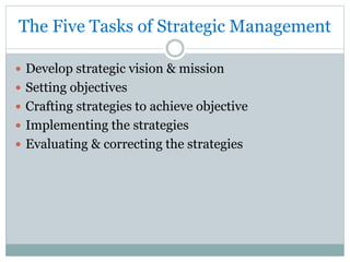 The Five Tasks of Strategic Management
 Develop strategic vision & mission
 Setting objectives
 Crafting strategies to achieve objective
 Implementing the strategies
 Evaluating & correcting the strategies
 