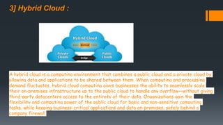 3] Hybrid Cloud :
A hybrid cloud is a computing environment that combines a public cloud and a private cloud by
allowing data and applications to be shared between them. When computing and processing
demand fluctuates, hybrid cloud computing gives businesses the ability to seamlessly scale
their on-premises infrastructure up to the public cloud to handle any overflow—without giving
third-party datacenters access to the entirety of their data. Organizations gain the
flexibility and computing power of the public cloud for basic and non-sensitive computing
tasks, while keeping business-critical applications and data on-premises, safely behind a
company firewall.
 