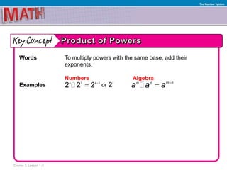 Course 3, Lesson 1-3
The Number System
Words To multiply powers with the same base, add their
exponents.
Numbers Algebra
Examples or4 3 4 3
2 2 2 
 7
2 m n m n
a a a 

 