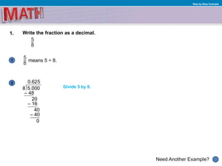 1
Need Another Example?
2
Step-by-Step Example
1. Write the fraction as a decimal.
means 5 ÷ 8.
0.6
5.000
– 48
20
– 16
40
– 40
0
8 Divide 5 by 8.
25
 