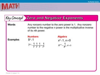 Course 3, Lesson 1-5
The Number System
Words Any nonzero number to the zero power is 1. Any nonzero
number to the negative n power is the multiplicative inverse
of its nth power.
Numbers Algebra
Examples 05 1
  3
or
-3 1 1 1 17
7 7 7 7
 0 1, 0x x
, - 0
1
n
n xx x
 