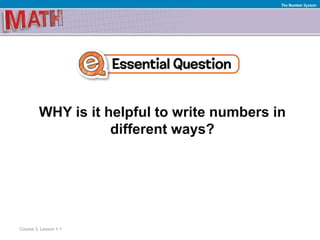 WHY is it helpful to write numbers in
different ways?
The Number System
Course 3, Lesson 1-1
 