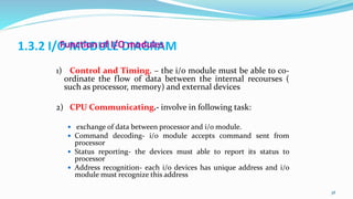 1.3.2 I/O MODULE DIAGRAM
1) Control and Timing. – the i/o module must be able to co-
ordinate the flow of data between the internal recourses (
such as processor, memory) and external devices
2) CPU Communicating.- involve in following task:
 exchange of data between processor and i/o module.
 Command decoding- i/o module accepts command sent from
processor
 Status reporting- the devices must able to report its status to
processor
 Address recognition- each i/o devices has unique address and i/o
module must recognize this address
38
 