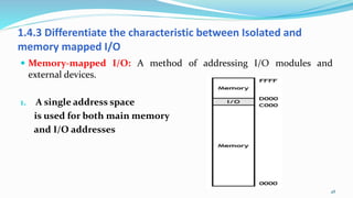1.4.3 Differentiate the characteristic between Isolated and
memory mapped I/O
 Memory-mapped I/O: A method of addressing I/O modules and
external devices.
1. A single address space
is used for both main memory
and I/O addresses
48
 