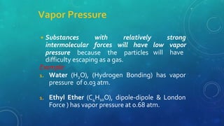 ◾ Substances
intermolecular
with relatively
forces will have
pressure because the particles
strong
low vapor
will have
difficulty escaping as a gas.
Example:
1. Water (H2O), (Hydrogen Bonding) has vapor
pressure of 0.03 atm.
1. Ethyl Ether (C4H10O), dipole-dipole & London
Force ) has vapor pressure at 0.68 atm.
 