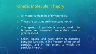 1. All matter is made up of tiny particles.
2. These are particles are in constant motion.
3. The speed of particle
temperature. Increased
greater speed.
is proportional to
temperature means
4. Solids, liquids, and gases differ in distances
between particles, in the freedom of motion of
particles, and in the extent to which the
particles interact.
 
