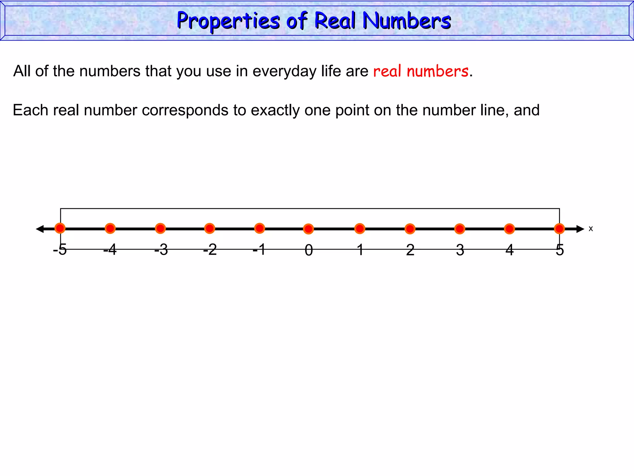 All of the numbers that you use in everyday life are  real numbers . Each real number corresponds to exactly one point on the number line, and Properties of Real Numbers  x 0 1 2 3 4 5 -5 -4 -2 -1 -3 