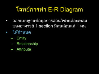 โจทย์การทำา E-R Diagram
• ออกแบบฐานข้อมูลการสอนวิชาแต่ละเทอม
ของอาจารย์ 1 section มีคนสอนแค่ 1 คน
• ให้กำาหนด
– Entity
– Relationship
– Attribute
 