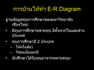 การบ้านให้ทำา E-R Diagram
ฐานข้อมูลทุนการศึกษาของมหาวิทยาลัย
เชียงใหม่
• มีทุนการศึกษาหลายทุน มีทั้งจากในและต่าง
ประเทศ
• ทุนการศึกษามี 2 ประเภท
– ให้ครั้งเดียว
– ให้ต่อเนื่องทุกปี
• นักศึกษาได้รับทุนมาจากหลายคณะ
 
