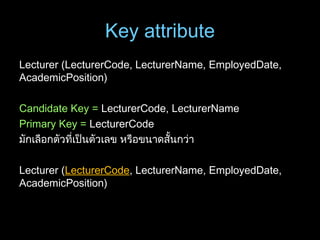 Key attribute
Lecturer (LecturerCode, LecturerName, EmployedDate,
AcademicPosition)
Candidate Key = LecturerCode, LecturerName
Primary Key = LecturerCode
มักเลือกตัวที่เป็นตัวเลข หรือขนาดสั้นกว่า
Lecturer (LecturerCode, LecturerName, EmployedDate,
AcademicPosition)
 