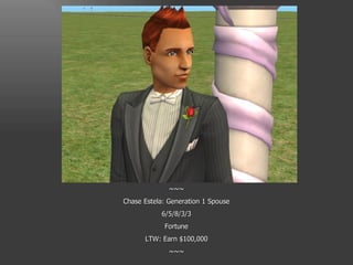 ~~~ Chase Estela: Generation 1 Spouse 6/5/8/3/3 Fortune LTW: Earn $100,000 ~~~ 