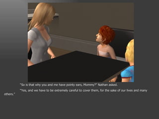 “ So is that why you and me have pointy ears, Mommy?” Nathan asked. “ Yes, and we have to be extremely careful to cover them, for the sake of our lives and many others.” 