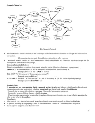 Semantic Networks:

Fig. Semantic Network
•

•

•
•
•

The idea behind a semantic network is that knowledge is often best understood as a set of concepts that are related to
one another.
The meaning of a concept is defined by its relationship to other concepts.
A semantic network consists of a set of nodes that are connected by labeled arcs. The nodes represent concepts and the
arcs represent relations between concepts.
Common Semantic Relations:
There is no standard set of relations for semantic networks, but the following relations are very common:
INSTANCE: X is an INSTANCE of Y if X is a specific example of the general concept Y.
Example: Elvis is an INSTANCE of Human
ISA: X ISA Y if X is a subset of the more general concept Y.
Example: sparrow ISA bird
HASPART: X HASPART Y if the concept Y is a part of the concept X. (Or this can be any other property)
Example: sparrow HASPART tail
Semantic Tree:
A semantic tree is a representation that is a semantic net in which Certain links are called branches. Each branch
connects two nodes; the head node is called the parent node and the tail node is called the child node
· One node has no parent; it is called the root node. Other nodes have exactly one parent.
· Some nodes have no children; they are called leaf nodes.
· When two nodes are connected to each other by a chain of two or more branches, one is said to be the ancestor; the
other is said to be the descendant.
Inheritance:
Inheritance is a key concept in semantic networks and can be represented naturally by following ISA links.
In general, if concept X has property P, then all concepts that are a subset of X should also have property P.
But exceptions are pervasive in the real world!
24

 