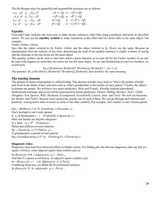 The De Morgan rules for quantified and unquantified sentences are as follows:

Equality
First-order logic includes one more way to make atomic sentences, other than using a predicate and terms as described
earlier. We can use the equality symbol to make statements to the effect that two terms refer to the same object. For
example,
Father (John) = Henry
Says that the object referred to by Father (John) and the object referred to by Henry are the same. Because an
interpretation fixes the referent of any term, determining the truth of an equality sentence is simply a matter of seeing
that the referents of the two terms are the same object.
The equality symbol can be used to state facts about a given function, as we just did for the Father symbol. It can also
be used with negation to insist that two terms are not the same object. To say that Richard has at least two brothers, we
would write
)
∃
)
)
)
The sentence ∃
) does not have the same meaning.

The kinship domain
The domain of family relationships is called kinship. This domain includes facts such as "Sita is the mother of kush"
and "kush is the father of hari' and rules such as "One's grandmother is the mother of one's parent." Clearly, the objects
in domain are people. We will have two unary predicates, Male and Female. Kinship relations-parenthood,
brotherhood, marriage, and so on-will be represented by binary predicates: Parent, Sibling, Brother, Sister, Child,
Daughter, Son, Spouse, Wife, Husband, Grandparent, Grandchild, Cousin, Aunt, and Uncle. We will use functions
for Mother and Father, because every person has exactly one of each of these. We can go through each function and
predicate, writing down what we know in terms of the other symbols. For example, one's mother is one's female parent:
∀m, c Mother(c) = m  Female(m) Ʌ Parent(m, c) .
One's husband is one's male spouse:
∀ w,h Husband(h,w )  Male(h) Ʌ Spouse(h,w).
Male and female are disjoint categories:
∀ x Male (x) ¬Female(x) .
Parent and child are inverse relations:
∀p, c Parent (p, c) Child (c, p) .
A grandparent is a parent of one's parent:
∀g,c Grandparent(g,c) ∃p Parent (g,P ) Ʌ Parent (p,c)

Diagnostic rules:
Diagnostic rules lead from observed effects to hidden causes. For finding pits, the obvious diagnostic rules say that if a
square is breezy, some adjacent square must contain a pit, or
∀s Breezy(s) =>∃ r Adjacent (r, s) Ʌ Pit(r) ,
And that if a square is not breezy, no adjacent square contains a pit:
∀s ¬Breezy (s) => ∃r Adjacent (r, s) Ʌ Pit (r)
Combining these two, we obtain the bi-conditional sentence
∃s Breezy(s)  ∃r Adjacent(r, s) Ʌ Pit (r) .

28

 