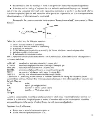  be combined to form the meanings of words in any particular. Hence, the conceptual dependency
 is implemented in a variety of programs that read and understand natural language text. Semantic
nets provide only a structure into which nodes representing information at any level can be placed, whereas
conceptual dependency provide both a structure and a specific set of primitives out of which representations
of particular pieces of information can be constructed.
For example, the event representation by the sentence ―I gave the man a book‖ is represented in CD as
follows:
to
man
P
I

R

o
ATRANS

book

from
I

Where the symbols have the following meanings:
 arrows indicate direction of dependency
 double arrow indicate direction of dependency
 p indicates the past tense
 ATRANS is one of the primitive acts used by the theory. It indicates transfer of possession
 indicates the object case relation
 R indicates the recipient case relation
In CD, representations of actions are built from a set of primitive acts. Some of the typical sets of primitive
actions are as follows:
ATRANS
transfer of an abstract relationship (example: give)
PTRANS
transfer of the physical location of an object (example: go)
MTRANS
transfer of mental information (example: tell)
PROPEL
application of physical force to an object (example: push)
MOVE
movement of a body part by its owner (example: kick)
MBUILD
building new information out of old (example: decide)
A second set of CD building blocks is the set of allowable dependencies among the conceptualizations
described in a sentence. There are four primitive conceptual categories from which dependency structures can
be built. They are:
ACTs
action
PPs
objects (picture procedures)
AAs
modifiers of actions (action aiders)
PAs
modifiers of PPs (picture aiders)

Scripts
A script is a structure that prescribes a set of circumstances which could be expected to follow on from one
another. It is similar to a thought sequence or a chain of situations which could be anticipated. It could be
considered to consist of a number of slots or frames but with more specialized roles.
Scripts are beneficial because:



Events tend to occur in known runs or patterns.
Causal relationships between events exist.
31

 