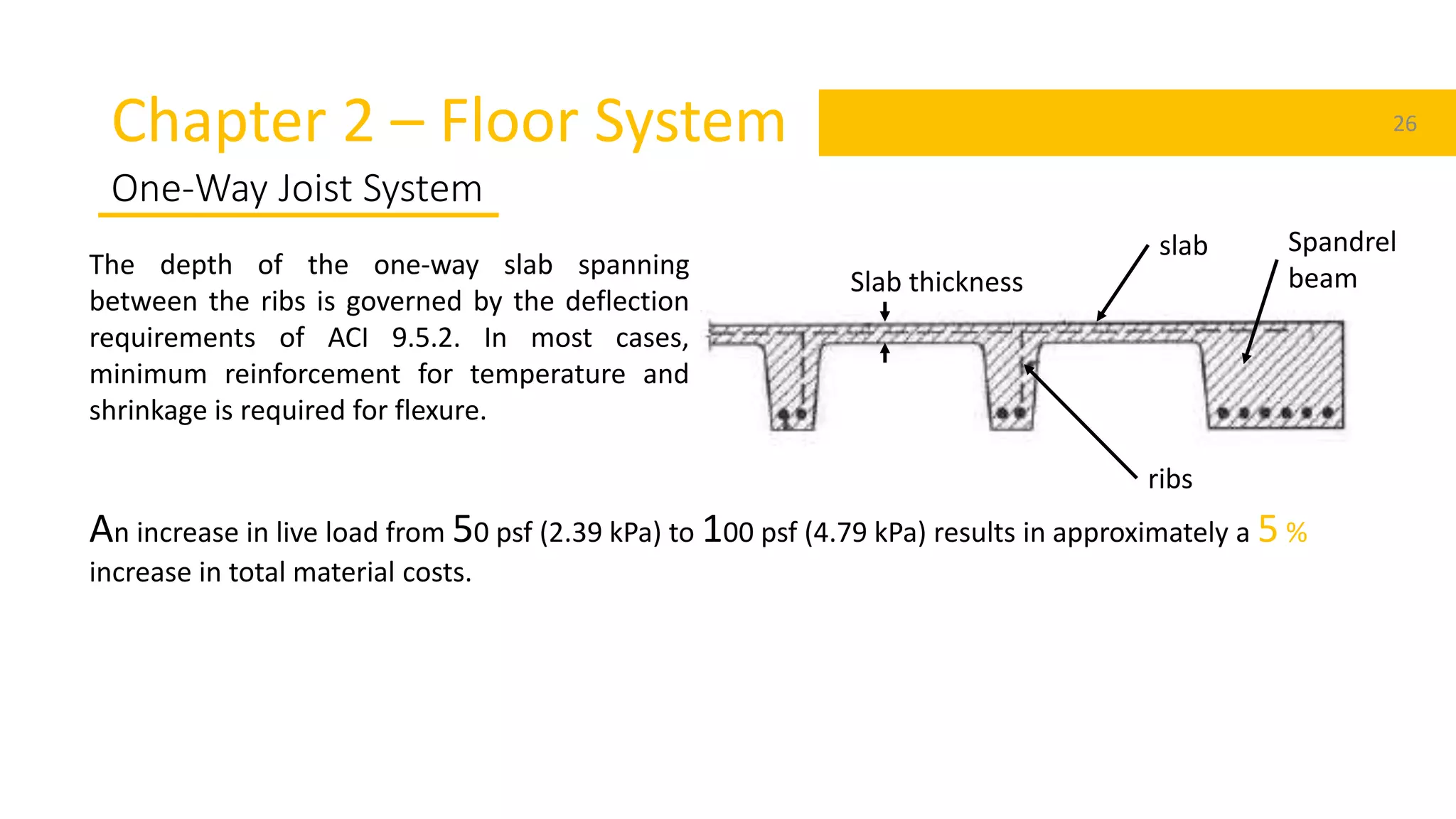 Chapter 2 – Floor System 26
One-Way Joist System
ribs
slab Spandrel
beam
An increase in live load from 50 psf (2.39 kPa) to 100 psf (4.79 kPa) results in approximately a 5 %
increase in total material costs.
The depth of the one-way slab spanning
between the ribs is governed by the deflection
requirements of ACI 9.5.2. In most cases,
minimum reinforcement for temperature and
shrinkage is required for flexure.
Slab thickness
 