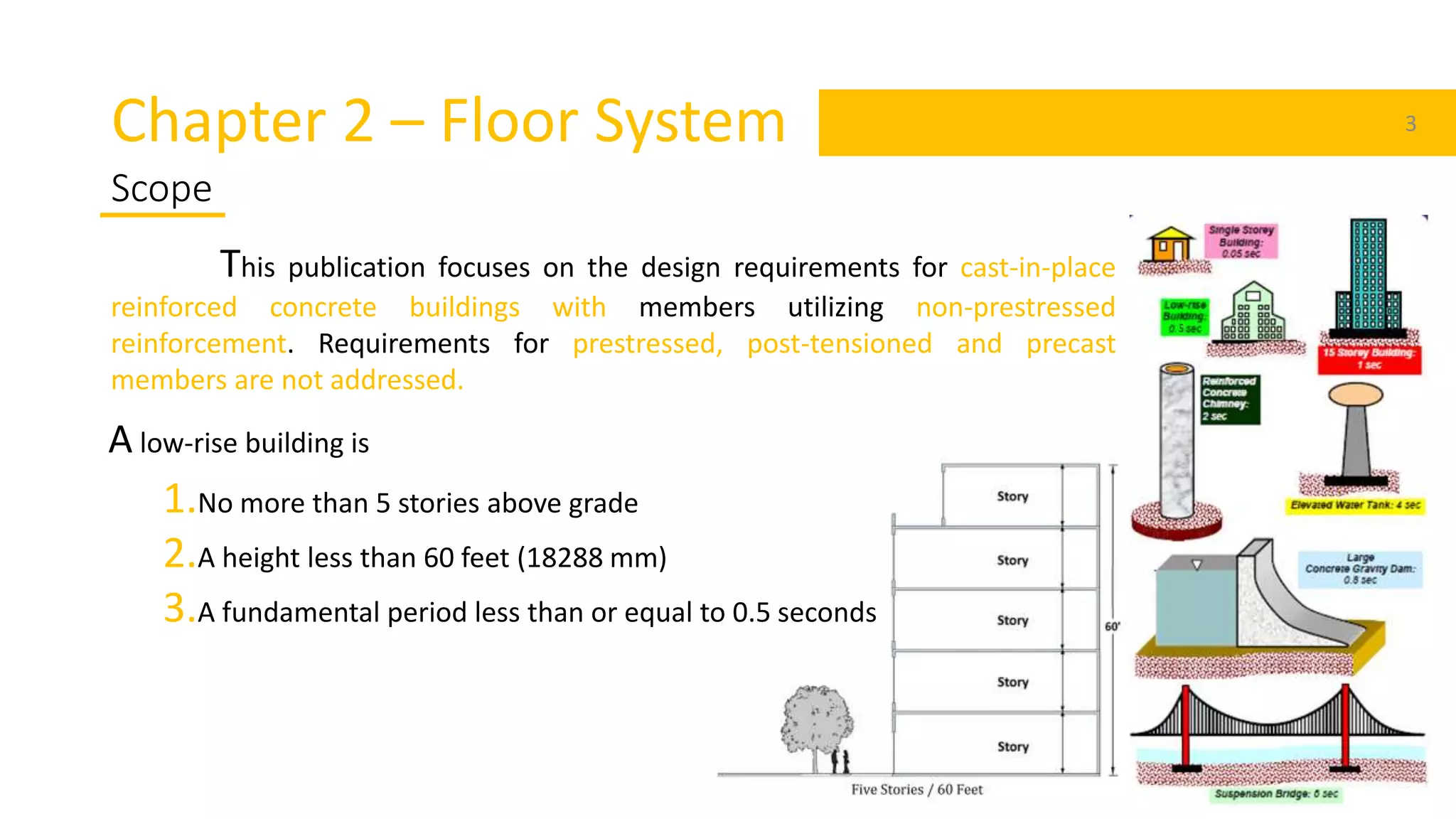Chapter 2 – Floor System 3
Scope
This publication focuses on the design requirements for cast-in-place
reinforced concrete buildings with members utilizing non-prestressed
reinforcement. Requirements for prestressed, post-tensioned and precast
members are not addressed.
A low-rise building is
1.No more than 5 stories above grade
2.A height less than 60 feet (18288 mm)
3.A fundamental period less than or equal to 0.5 seconds
 