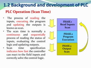 1.2 Background and development of PLC
PLC Operation (Scan Time)
• The process of reading the
inputs, executing the program
and updating the outputs is
knows as scan.
• The scan time is normally a
continuous and sequentially
process of reading the status of
inputs, evaluating the control
logic and updating outputs.
• Scan time specification
indicates how fast the controller
can react to the field inputs and
correctly solve the control logic.
PHASE 2
Program
Execution
PHASE 3
Output
Scan
PHASE 1
Read Inputs
Scan
 