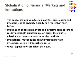 © 2019 McGraw-Hill Education.
Globalization of Financial Markets and
Institutions
• The pool of savings from foreign investors is increasing and
investors look to diversify globally now more than ever
before.
• Information on foreign markets and investments is becoming
readily accessible and deregulation across the globe is
allowing even greater access to foreign markets.
• International mutual funds allow diversified foreign
investment with low transactions costs.
• Global capital flows are larger than ever.
1-28
 