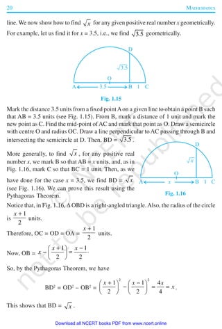 20 MATHEMATICS
line. We now show how to find x for any given positive real number x geometrically.
For example, let us find it for x = 3.5, i.e., we find 3 5. geometrically.
Fig. 1.15
Mark the distance 3.5 units from a fixed pointAon a given line to obtain a point B such
that AB = 3.5 units (see Fig. 1.15). From B, mark a distance of 1 unit and mark the
new point as C. Find the mid-point ofAC and mark that point as O. Draw a semicircle
with centre O and radius OC. Draw a line perpendicular toAC passing through B and
intersecting the semicircle at D. Then, BD = 3.5 .
More generally, to find x , for any positive real
number x, we mark B so that AB = x units, and, as in
Fig. 1.16, mark C so that BC = 1 unit. Then, as we
have done for the case x = 3.5, we find BD = x
(see Fig. 1.16). We can prove this result using the
Pythagoras Theorem.
Notice that, in Fig. 1.16, ∆ OBD is a right-angled triangle.Also, the radius of the circle
is
1
2
x +
units.
Therefore, OC = OD = OA =
1
2
x +
units.
Now, OB =
1 1
2 2
x x
x
+ − 
− = ⋅ 
 
So, by the Pythagoras Theorem, we have
BD2
= OD2
– OB2
=
2 2
1 1 4
2 2 4
x x x
x
+ −   
− = =   
   
.
This shows that BD = x .
Fig. 1.16
2019-2020
Download all NCERT books PDF from www.ncert.online
 